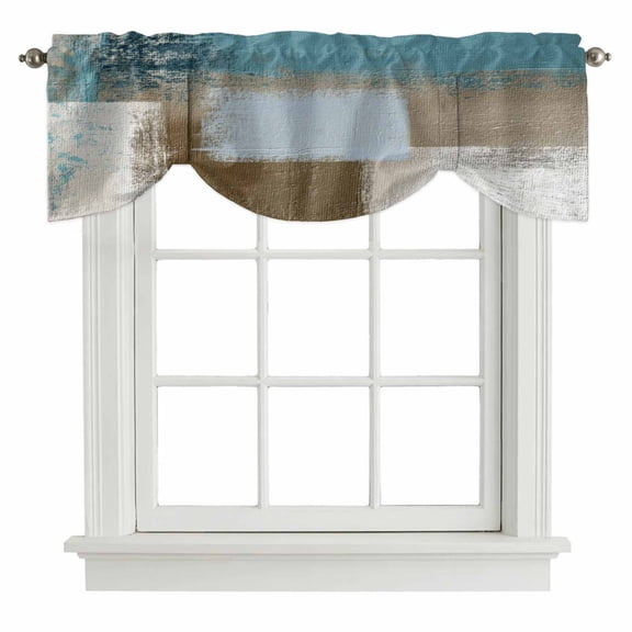 Tie Up Valances for Windows, Teal Blue Adjustable Valance Curtains Window Treatment for Living Room, Brown White Minimalist Retro Smear Ombre Art Rod Pocket Kitchen Curtains & Drapes 42x18 Inch