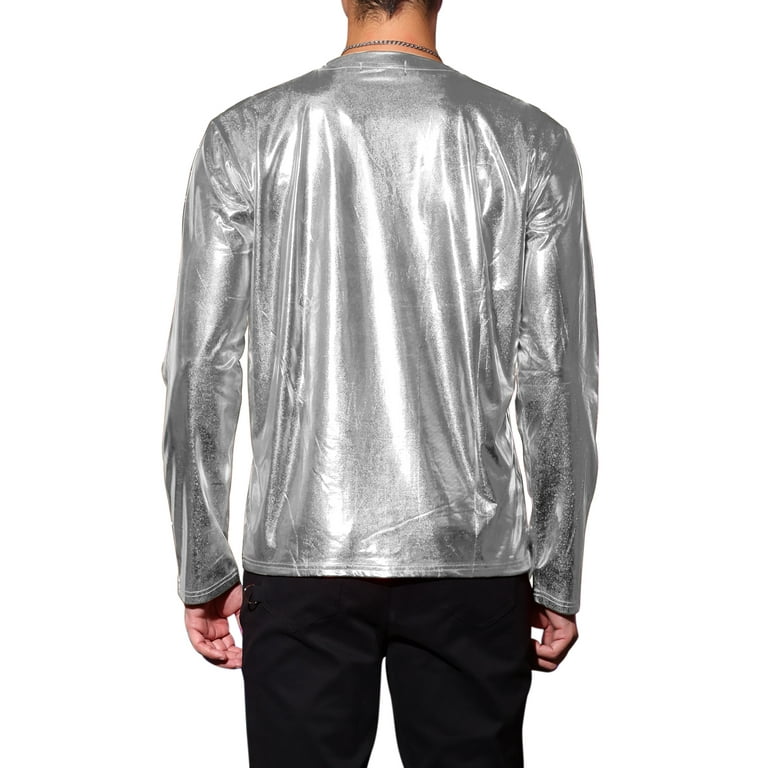 Unique Bargains Men's Metallic Long Sleeve T-Shirt Silver L