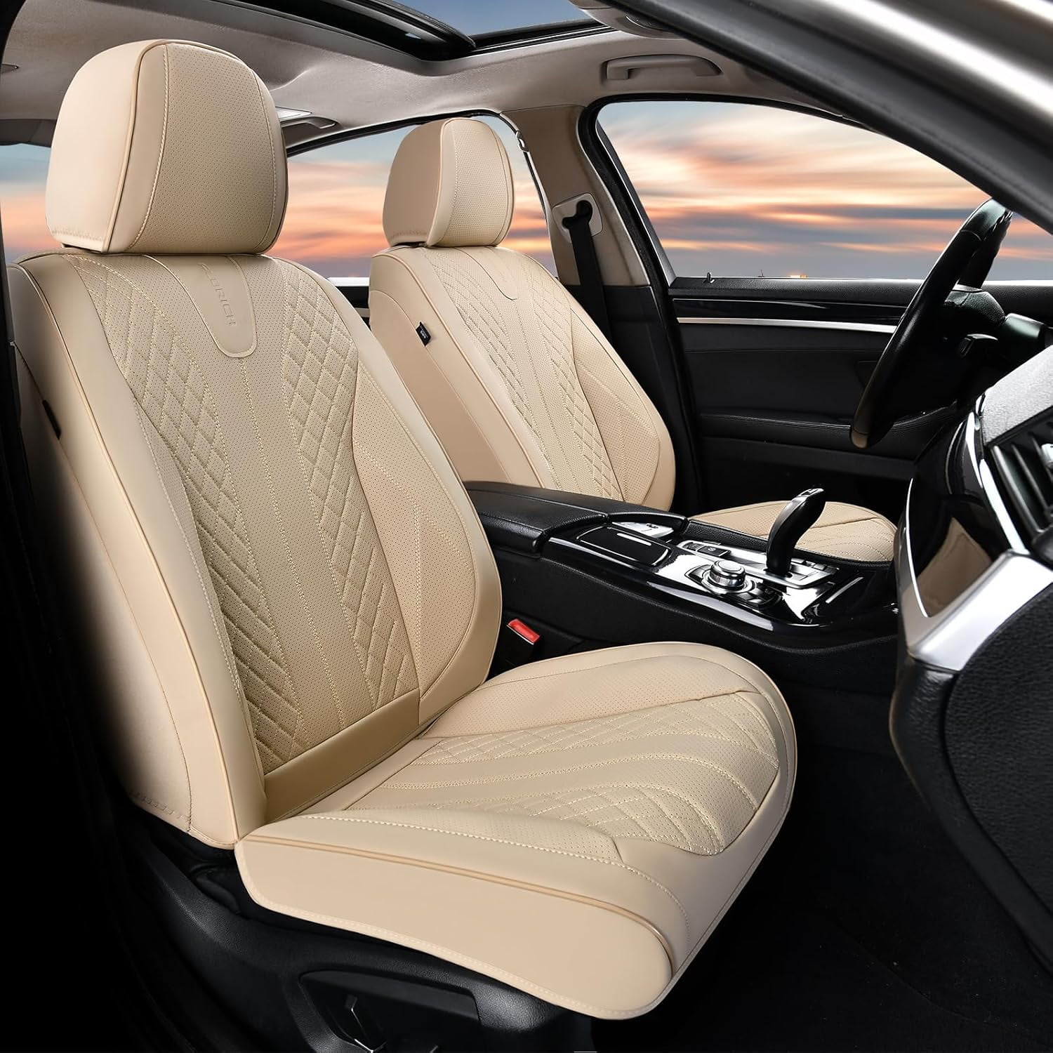 FLORICH Full Set Car Seat Covers, Premium Faux Leather Seat Protectors, Breathable Material Cushions Universal Fit for Most Cars, Beige