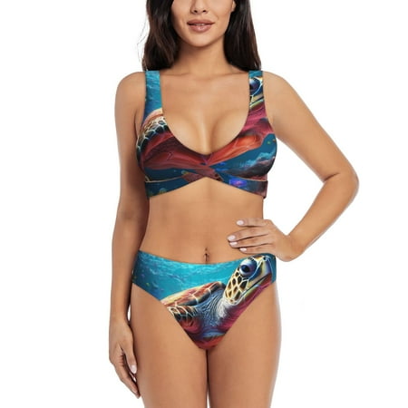 Zeuib Colorful Ocean Sea Turtle High Waisted Tummy Control Bikini Set - Knot Front Push Up Top & Cheeky Thong Bottom  Two-Piece Swimsuit for Women-Large