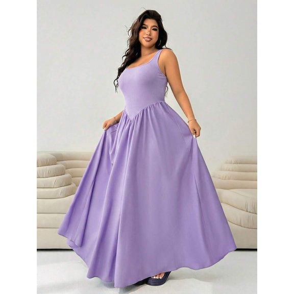Mauve Purple Plus Size Sleeveless Square Neck A-Line Maxi Dress For Women Summer Long Flowy Dress