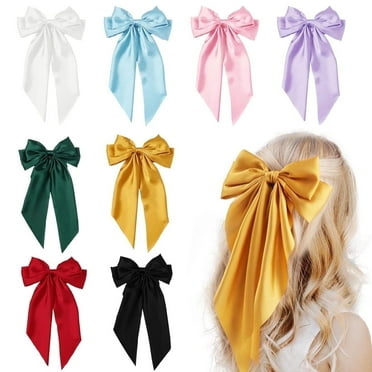 Hair Barrettes Bows for Women, Big Bows for Hair Black Satin Accessories, Ribbon Bow Hair Clips with Long Tails (8PCS)