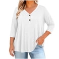 thumbnail image 3 of KyCheLot Women's V Neck Tops Fall Button Plus Size 3/4 Length Sleeve Solid Color Clothes Comfy Loose Hiking Tops, 3 of 6