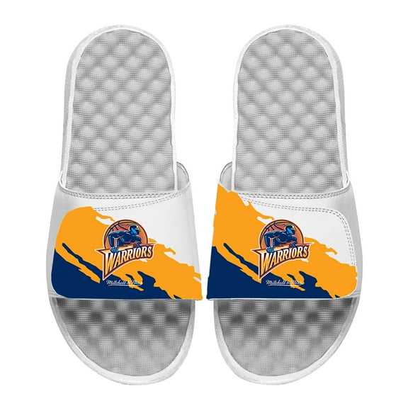 Men's ISlide x Mitchell & Ness  White Golden State Warriors Paint Stripe Slide Sandals