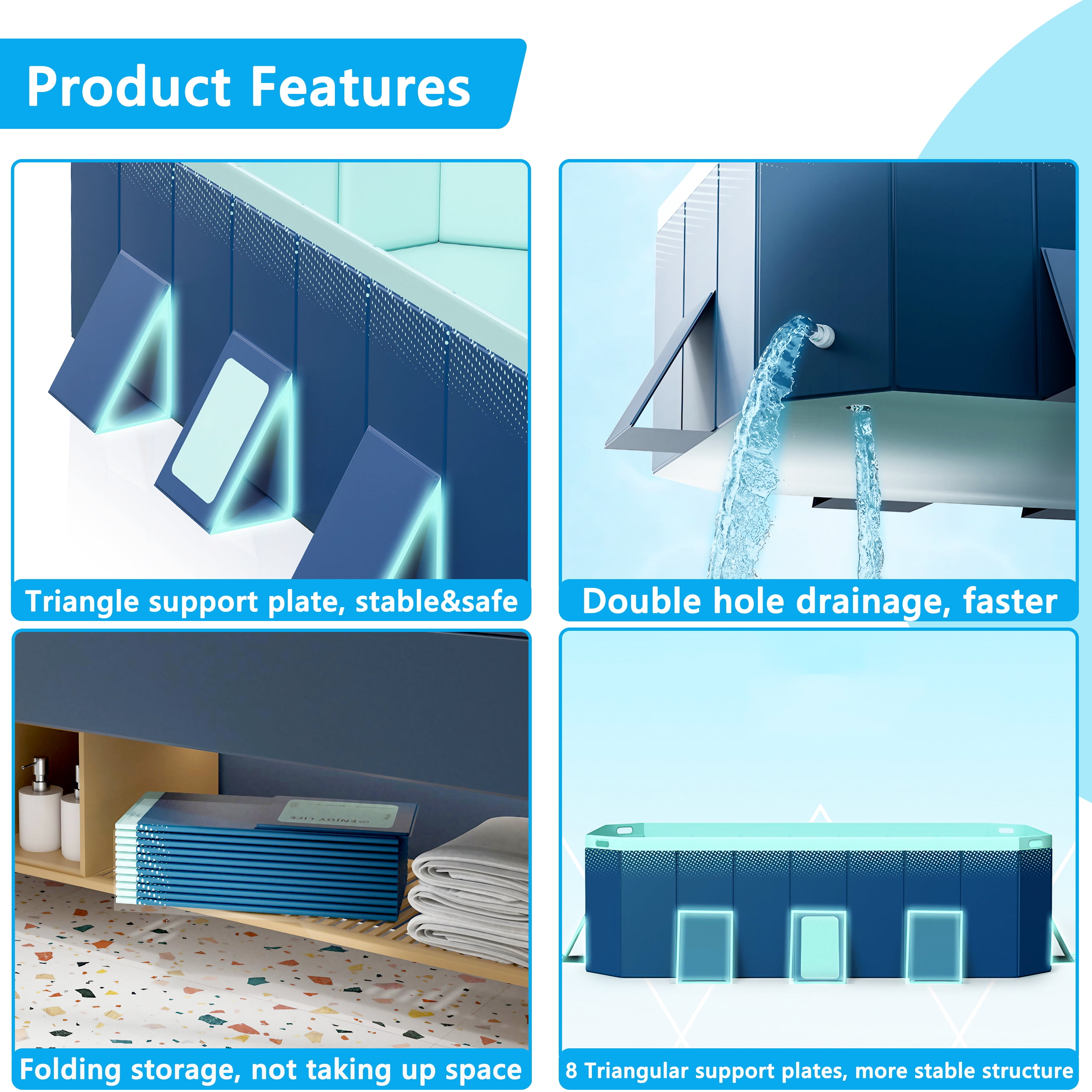 Hyindoor Outdoor Foldable Non-Inflatable Adults and Kids Swimming Pool Hard Plastic Anti-Slip for Lawn Garden Backyard（116" x 65" x 21"）