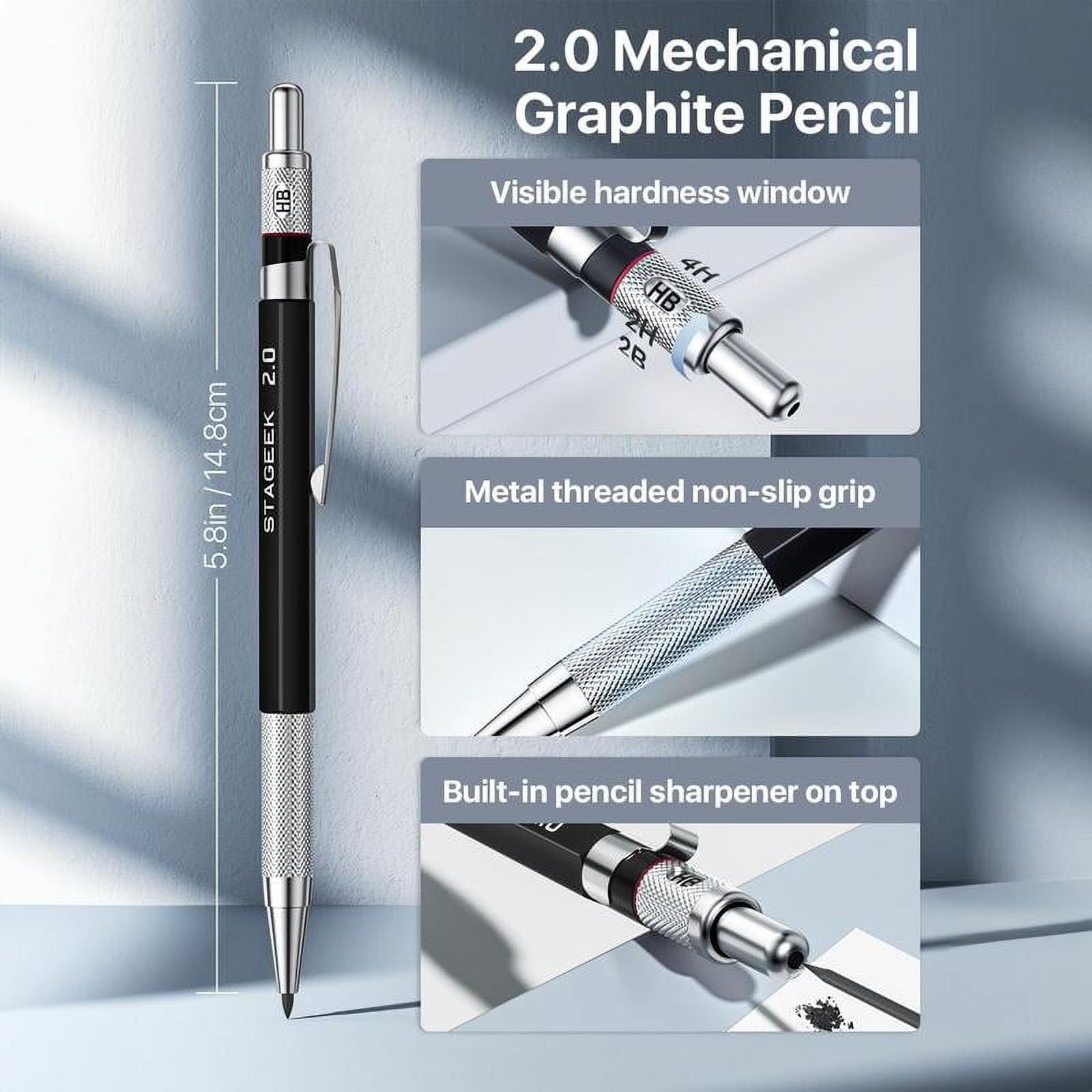 STAGEEK 37PCS Art Mechanical Pencil Set, Drafting Pencil 5 Sizes- 0.3, 0.5, 0.7, 0.9MM & 2PCS 2.0MM Mechanical Drawing Pencils with 492PCS Leads (6B 4B 2B HB 2H 4H Color) for Artist Sketching