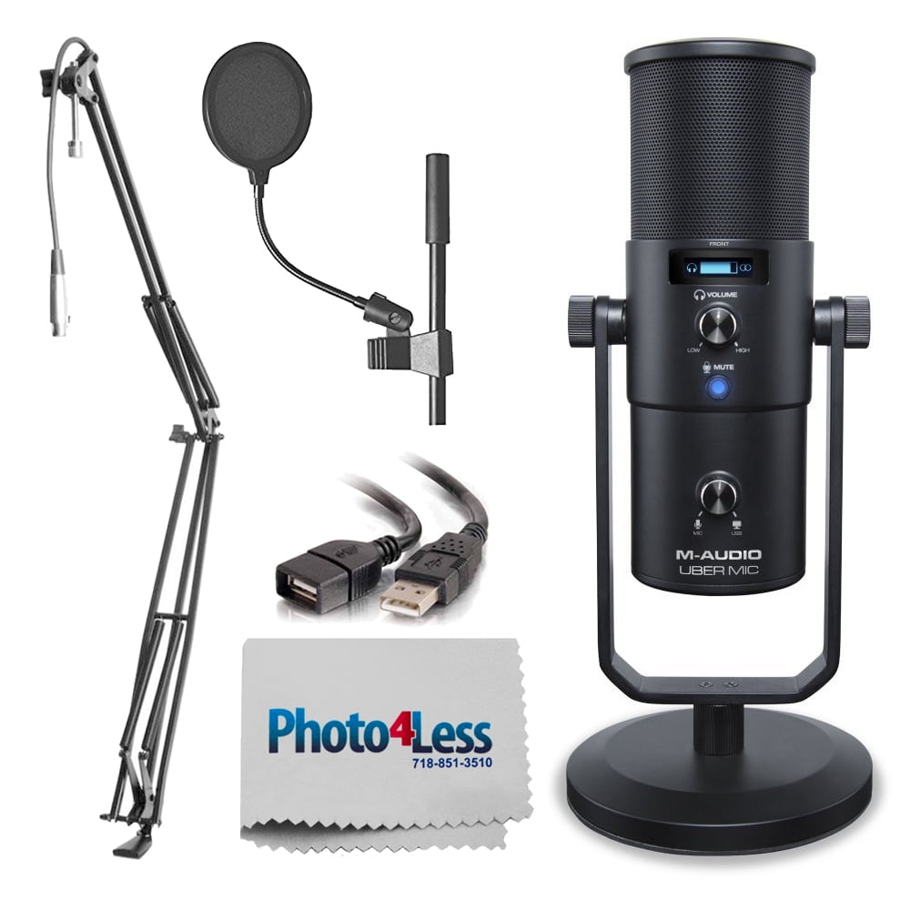 M-Audio Uber Mic Pro USB Microphone With Headphone Output + Pop Filter +  Extension Cable + Boom Arm with XLR Cable