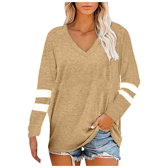 OSOLU Solid Color Women Plus Size Tops V-Neck T-Shirt Tshirts Tee Color Block Long Sleeve Casual Tunic Tops Relaxed Fit Dailywear