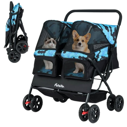 Infans Double Pet Stroller w/ 2-seater Carrier, Adjustable Sunshade, Removable Pad