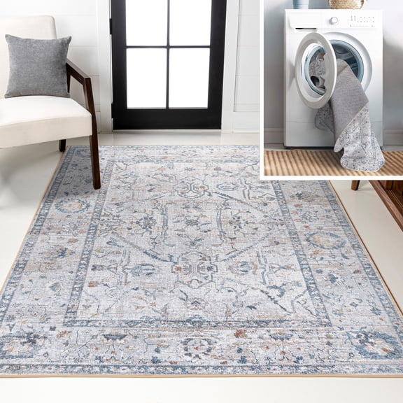 JONATHAN Y WASHABLE 5 x 8 Area Rug, Brandy Rustic Border - Light Gray/Blue, WSH321B-5