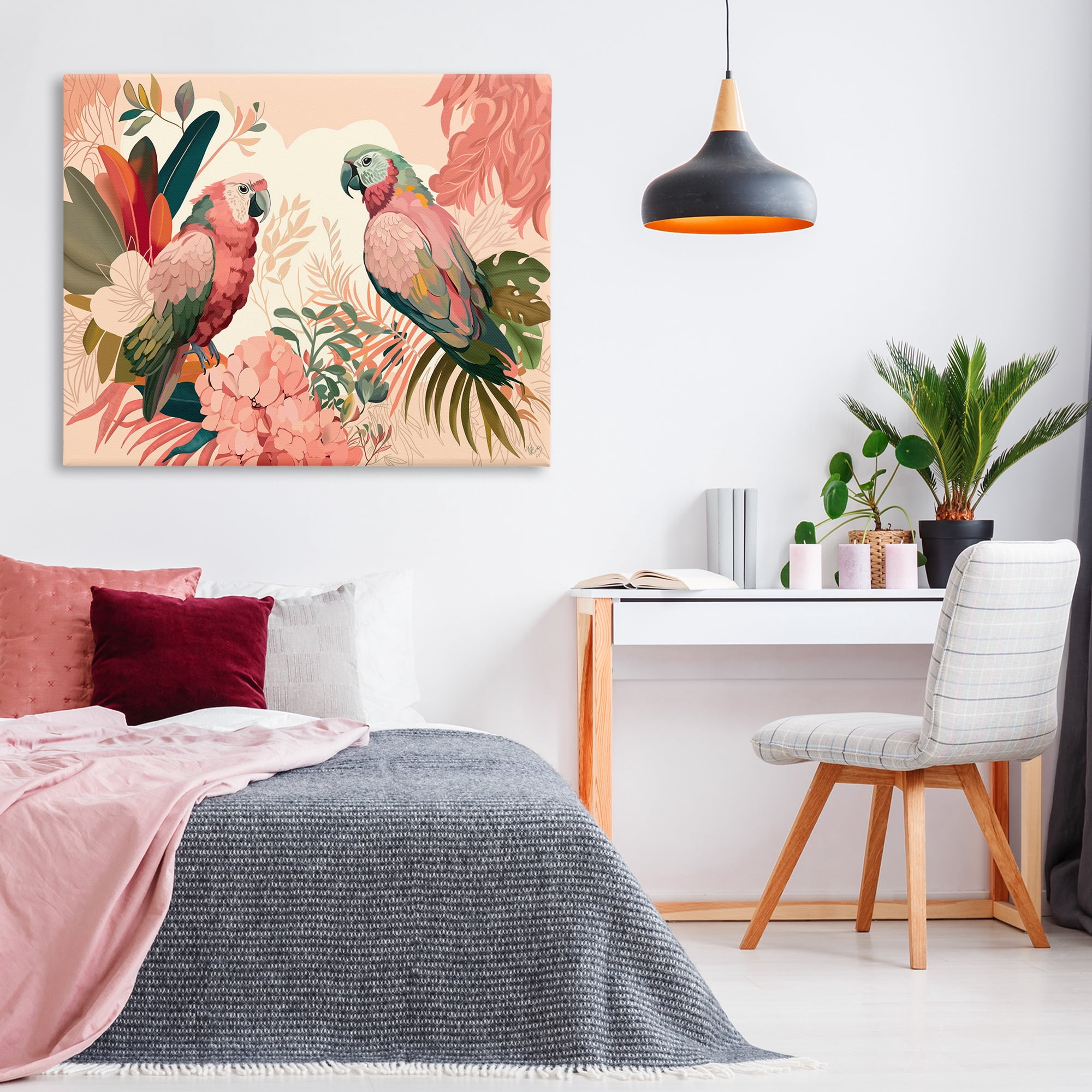 Stupell Industries Pink Parrots & Leaves Animals & Insects Painting Gallery Wrapped Canvas Art Print Wall Art, 48 x 36