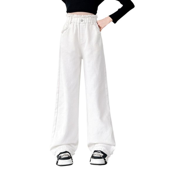 CPNG Girls Casual Pants Elastic High Waist Straight Wide Leg Pants with Frayed Edge Lightweight Breathable Streetwear Pants