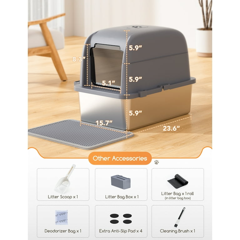 Large Stainless Steel Cat Litter Box with Scoop and Mat Set - Odor, Stain and Rust Resistant, Easy to Clean, Gray