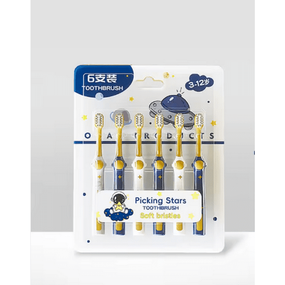 6 Pcs Astronaut Design Kids Very Soft Bristle Toothbrushes, Ages 3-12 Years