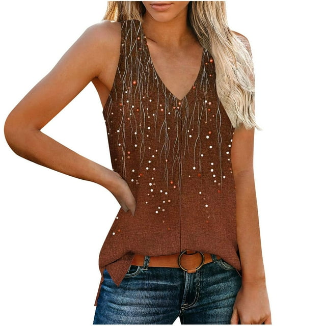 Blouse Sans Manches à Col en V pour Femmes, Haut Décontracté en Polyester, Tissu Léger et Doux, Longueur Régulière, pour l'Été et le Printemps, pour les Rendez-Vous Quotidiens et les Fêtes