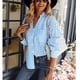 thumbnail image 3 of Blusa a rayas con botones y bolsillo con cuello en V y manga larga para mujer para uso diario Azul M, 3 of 6