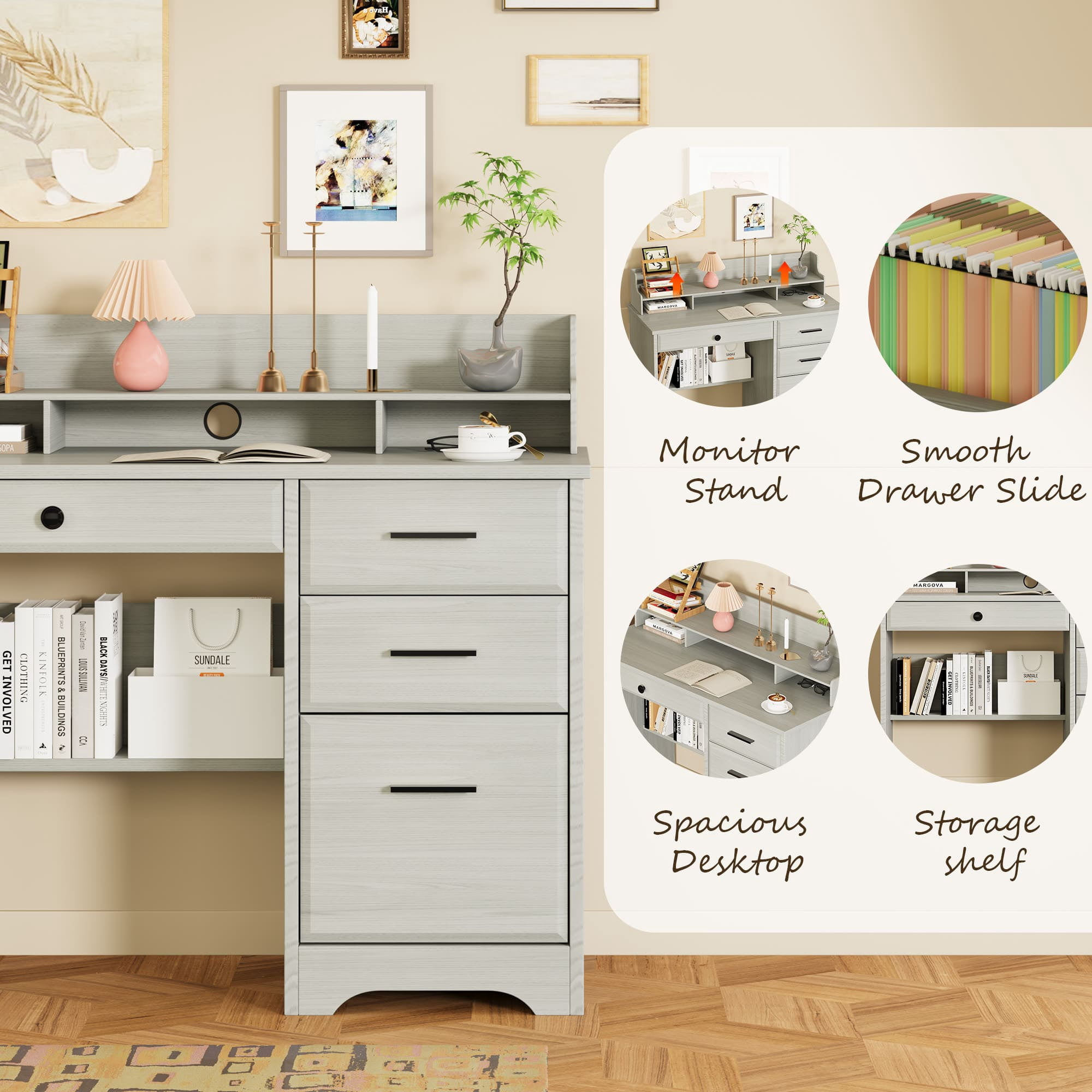 4 EVER WINNER Small Wood Desk with Drawers, File Cabinet & Monitor Stand, Home Office Computer Writing Desk for Bedroom, Off White