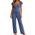 thumbnail image 2 of sdhkgrrt Women's 2 Piece Pajama Set Square Neck Ruffle Sleeve Pullover Wide Leg Pants Matching Lounge Outfit Casual Solid Sleepwear Comfy Fall Winter Tracksuit, Blue 2XL, 2 of 8