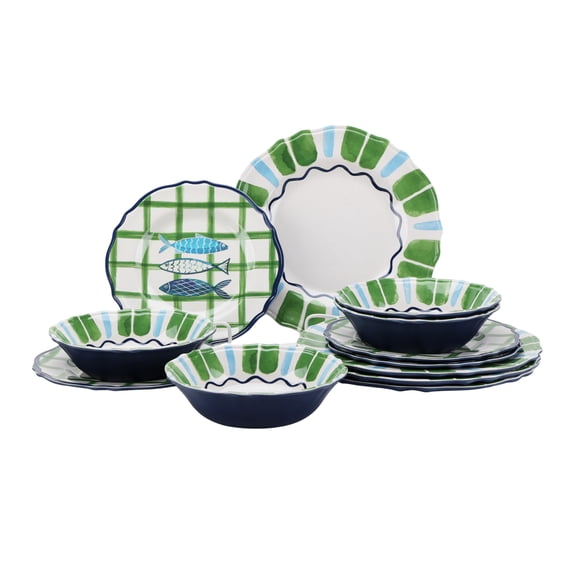 Beautiful 12-Piece Bamboo Melamine Dinnerware Set, Multi-Color by Drew Barrymore