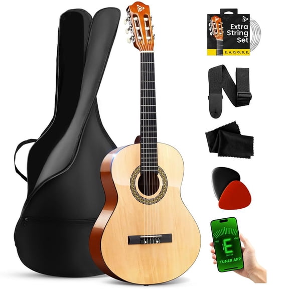 SereneLife Beginner 36" Classical Acoustic Guitar Kit, 3/4 Junior Size 6-String Linden Wood Guitar with Gig Bag, Tuner, Strap, Picks & Nylon Strings