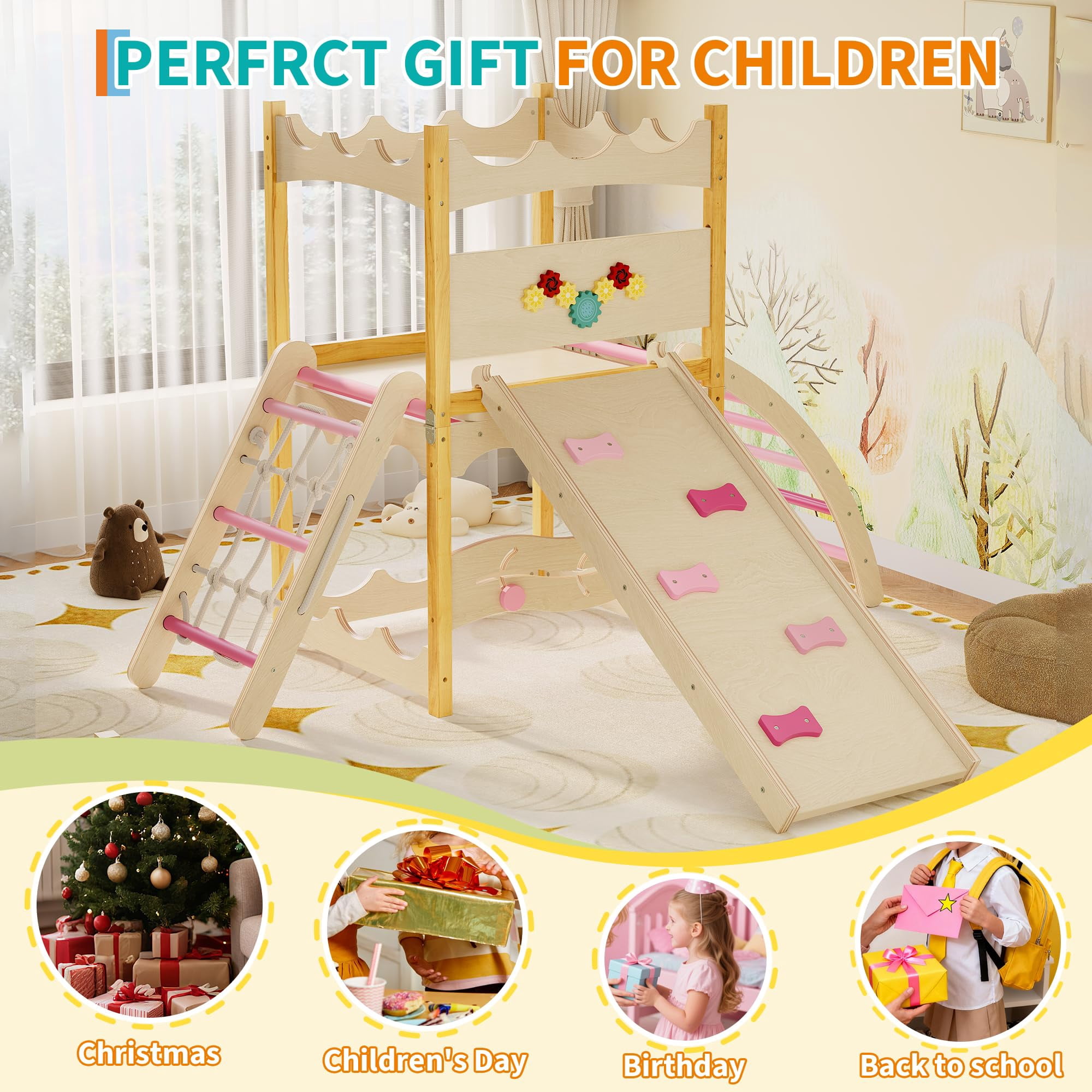 Wooden Kids Climbing Toys,6-in-1 Indoor Jungle Gym - Wooden Montessori Climbing Set with Slide,Climbing Rock & Net,Ladder,Rest Area,and Circle Labyrinth - Indoor Playground Climber Set for Toddlers