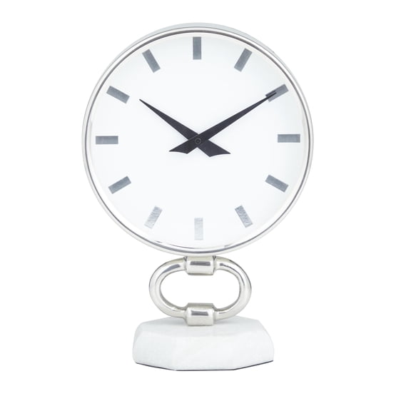 DecMode 12" Silver Stainless Steel Metal Clock with Marble Base