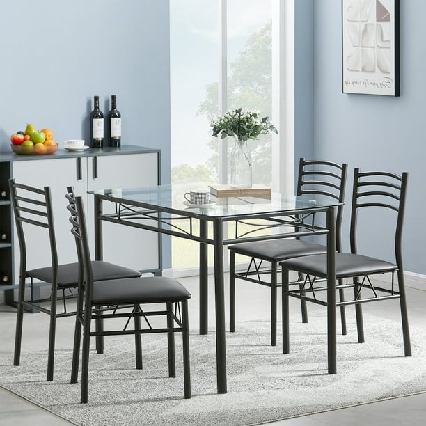 VECELO 5 Piece Dining Table Set, Glass Top Table with 4 Chairs for Kitchen Breakfast Furniture ...