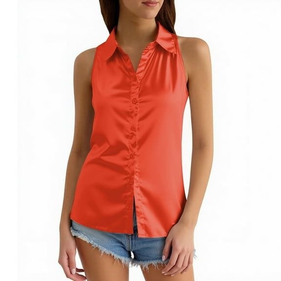 MIXUE Women Blouses Summer Solid Color Lace Button Down Sleeveless Fashion Casual Vest Womens Tops Outwear,Orange,XXXL