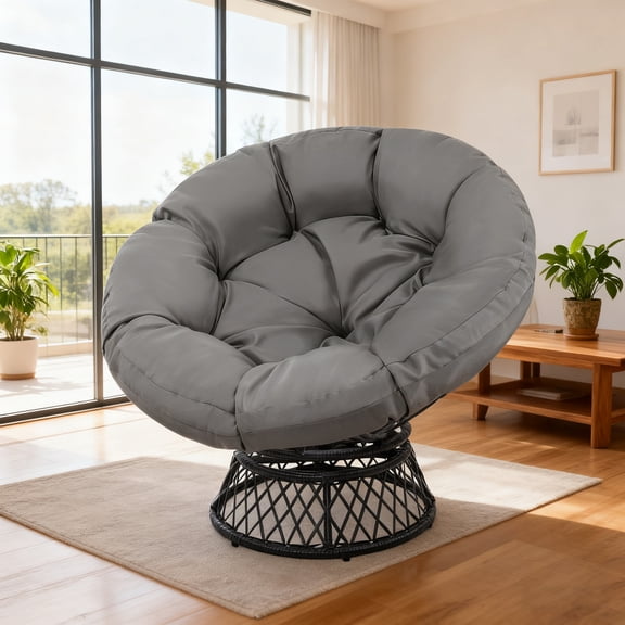 Melocadol Oversized 46" Papasan Chair, Fluid 360° Swivel with Cushion, Durable Frame for Indoor & Outdoor, Black Frame with Dark Grey Cushion