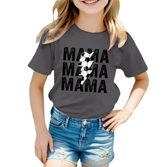NINGMENG Hauts et T-Shirts pour Filles, Été, Fête des Mères, Imprimé Lettre, Col Rond, Manches Courtes, Ample, Décontracté, Gris, 5-6 Ans
