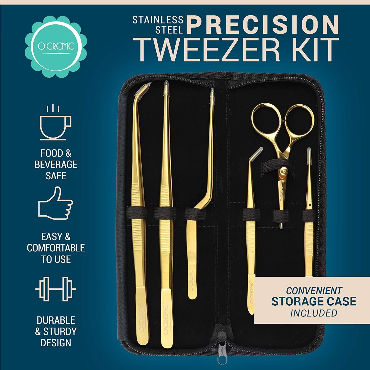 O'Creme Set of Culinary Tweezer Tongs Offset, Straight and Curved, Plus Super Sharp Chef Scissors, Total 6 Pieces Gold