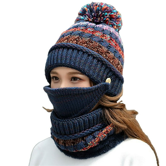 3 in 1 Beanie Hat for Women Fitness Womens Winter Hats Casual Women's Scarves & Wraps Cotton Blue Beanie