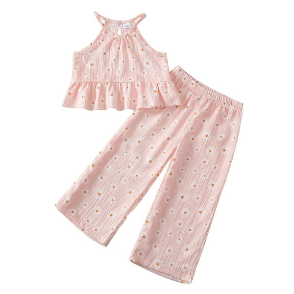 18 Months Baby Girls Clothes 24 Months Girls Pant Set Outfits Set Toddler Girls Sleeveless Halter Solid Color Floral Top Pants 2PCS Set Pink
