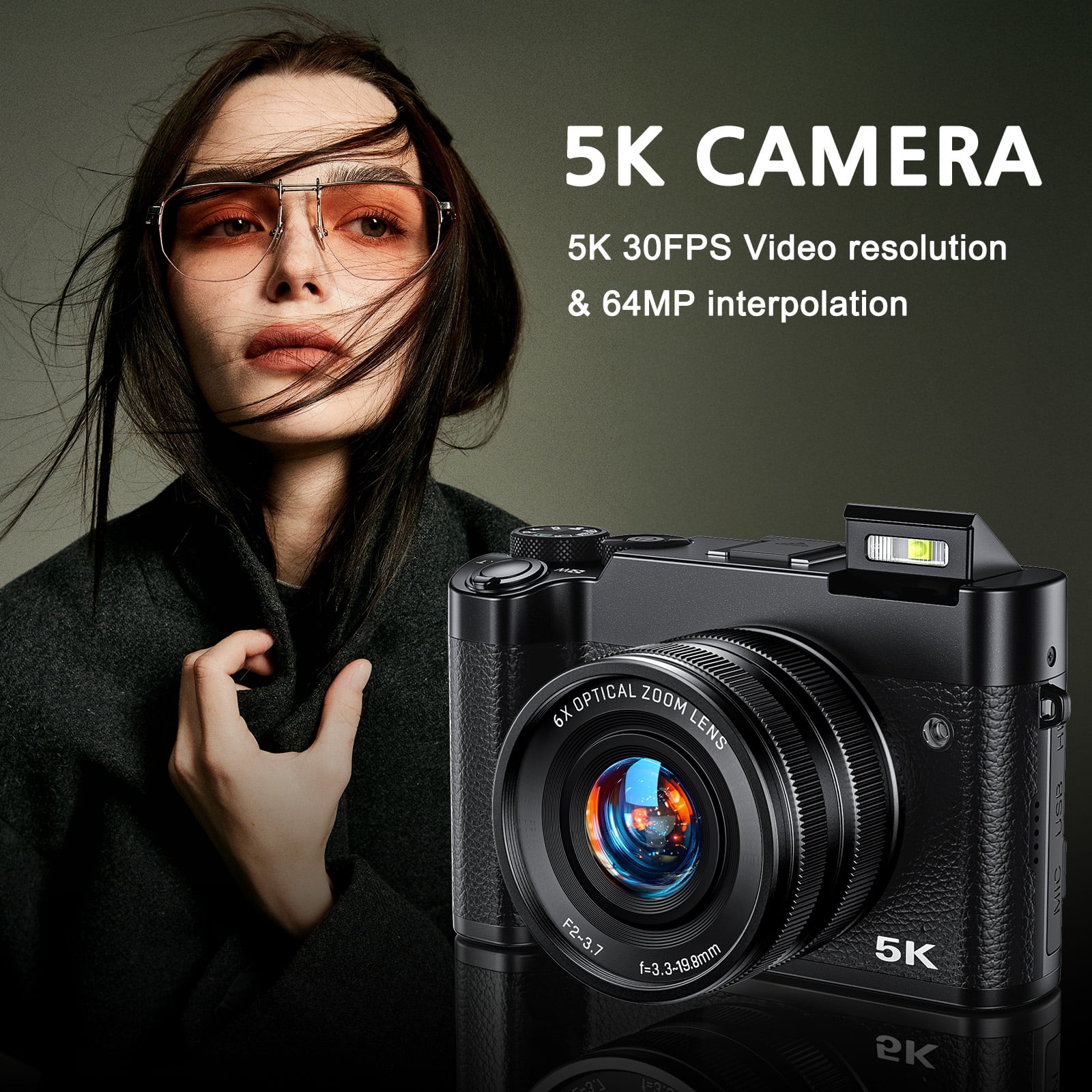 5K Digital Camera,64MP Vlogging Camera, Rear and Front Cameras for Photography and Video, Autofocus & Anti-Shake, Travel Selfie for YouTube with Flash Dial 64GB Card