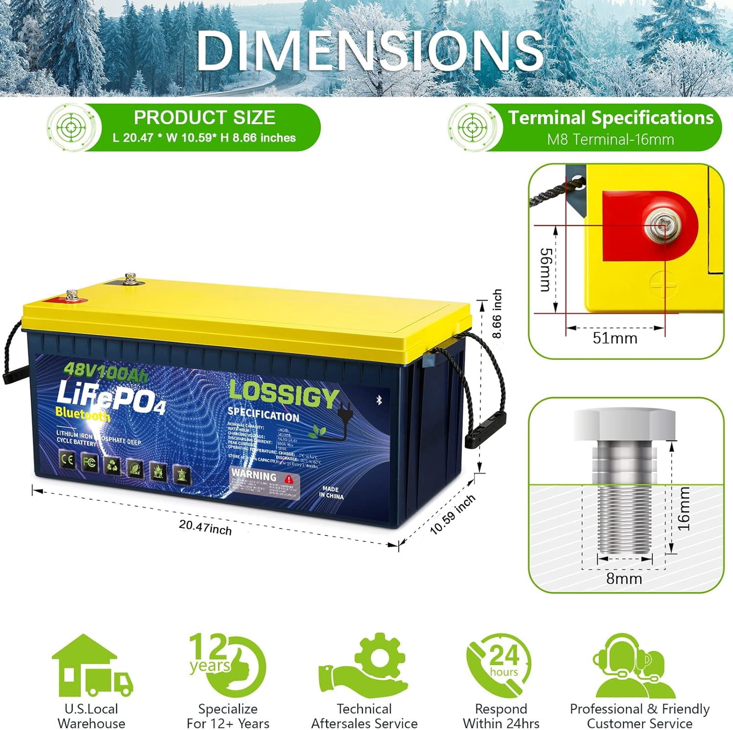 LOSSIGY 48V 100AH LiFePO4 Lithium Battery, Built in Bluetooth BMS with 10 Yrs Lifespan, Perfect for Golf Cart, Trolling Motor, Solar System, RV, Marine