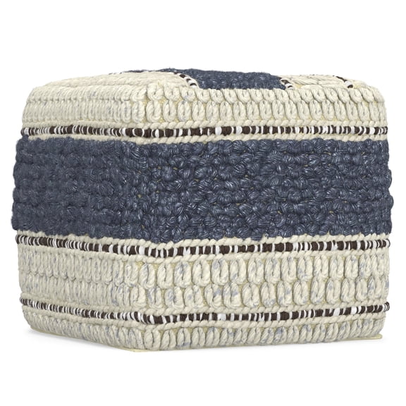 Simpli Home Grady 18 inch Wide Contemporary Square Pouf in Blue and Natural Handloom Wool and Cotton