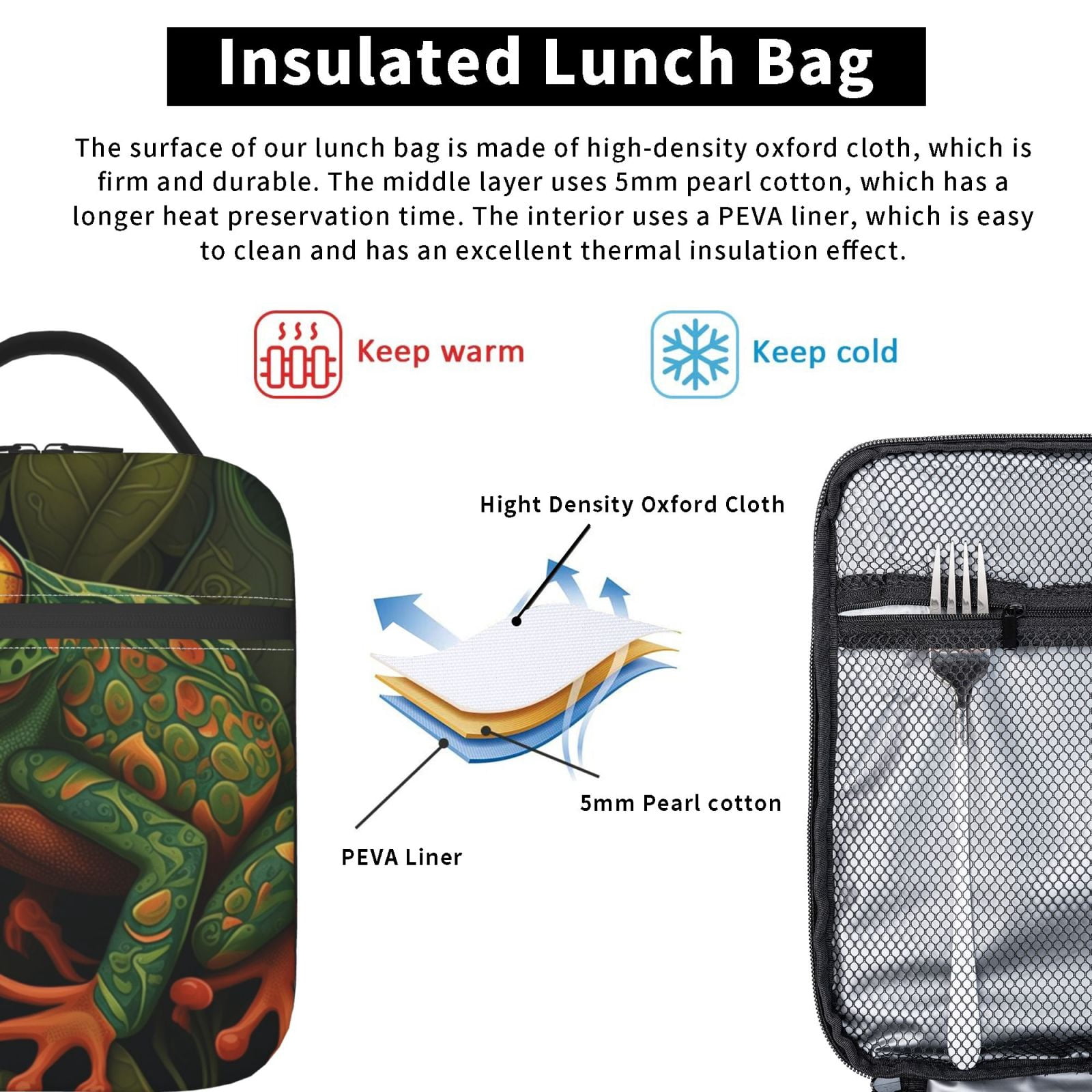 Frog Green Lunch Box Bag Insulated Lunchbox Reusable Tote Thermal Cooler Portable for Women Men