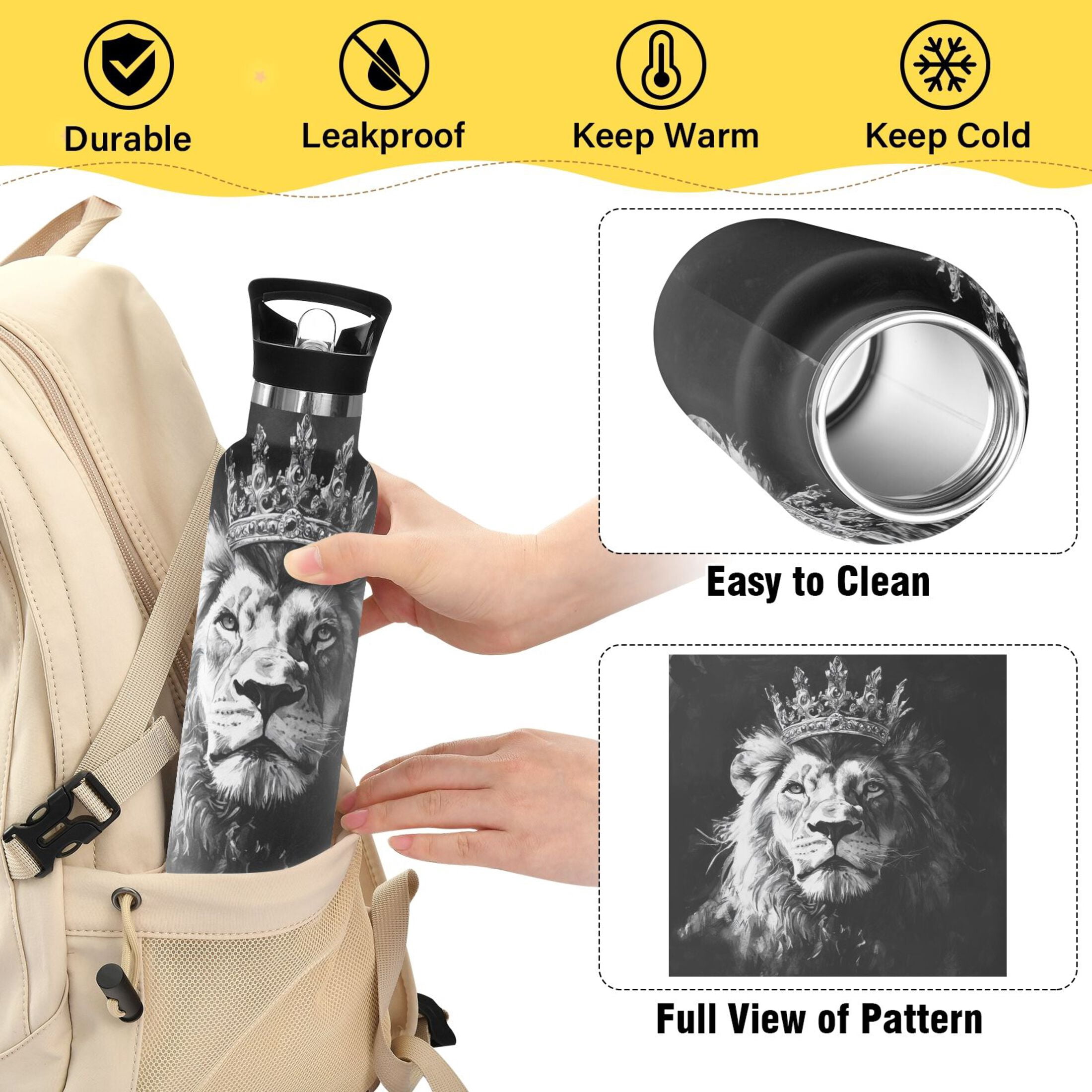 600ML Stainless Steel Insulated Cup Sports Water Bottle Portable Thermos Cup Water Glasses Insulated Tumblers Convenient and Durable Crown Lion