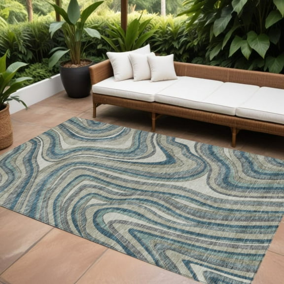HomeRoots 585248 9 x 12 ft. Abstract Washable Indoor & Outdoor Rectangle Area Rug, Teal Blue, Gray & Taupe