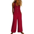 thumbnail image 2 of Women's Sleeveless Jumpsuit, U-Neck Straight Leg Romper with Side Pockets, Casual Summer One Piece Outfit for Beach Vacation and Daily Wear Wine S, 2 of 4