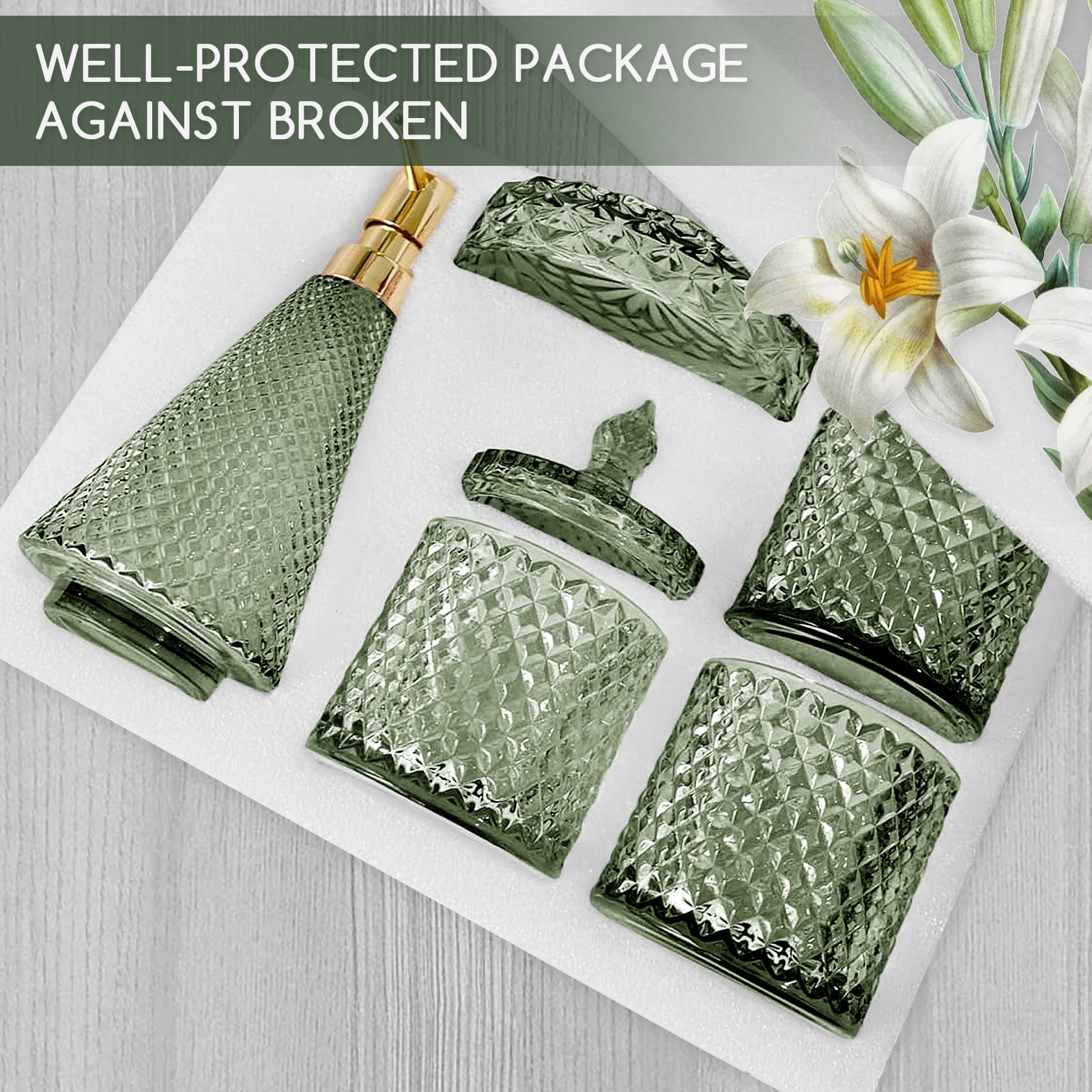 FOUNDLDF 5Pcs Clear Glass Bathroom Accessories, Bathroom Accessories Set with Lotion Soap Dispenser, Soap Dish, Tumbler, Cotton Swab Jars, Green