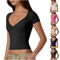 thumbnail image 7 of Lovskoo Womens Tops 2024 Summer Short Sleeve Slim V Neck Plunge Basic V Neck Slim T Shirt Tops Tunic Tee Blue M, 7 of 7