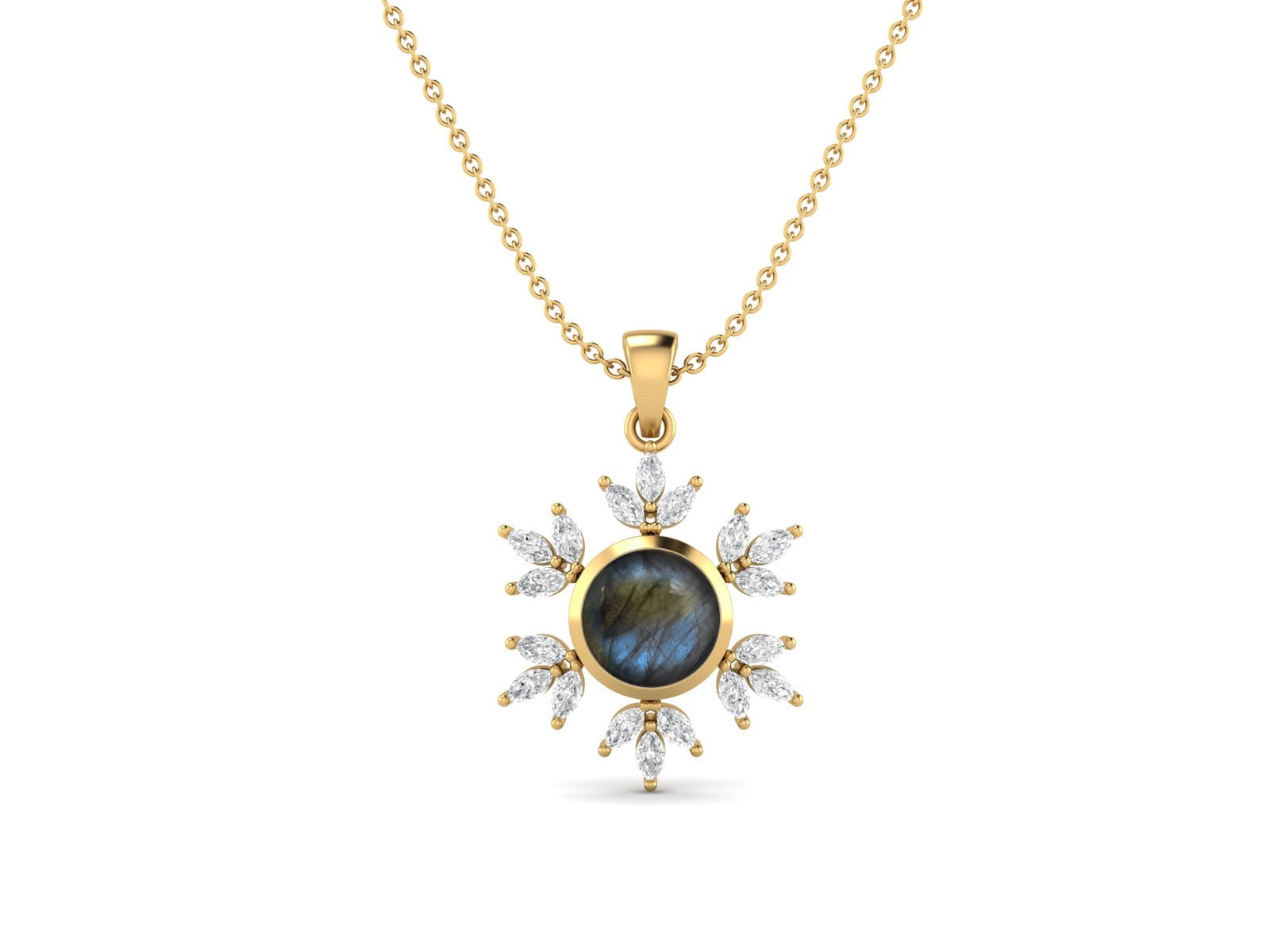 925 Sterling Silver Gold Vermeil 10MM Round Labradorite Elegant Flower  Women Necklace