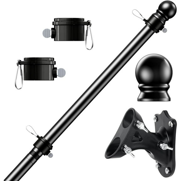 Flag Pole Kit, Tangle Free Spinning Stainless Steel Rustproof Flagpole for 3x5 Sports Fan Outdoor Flags for Outside House (Black, 5FT, with Bracket)