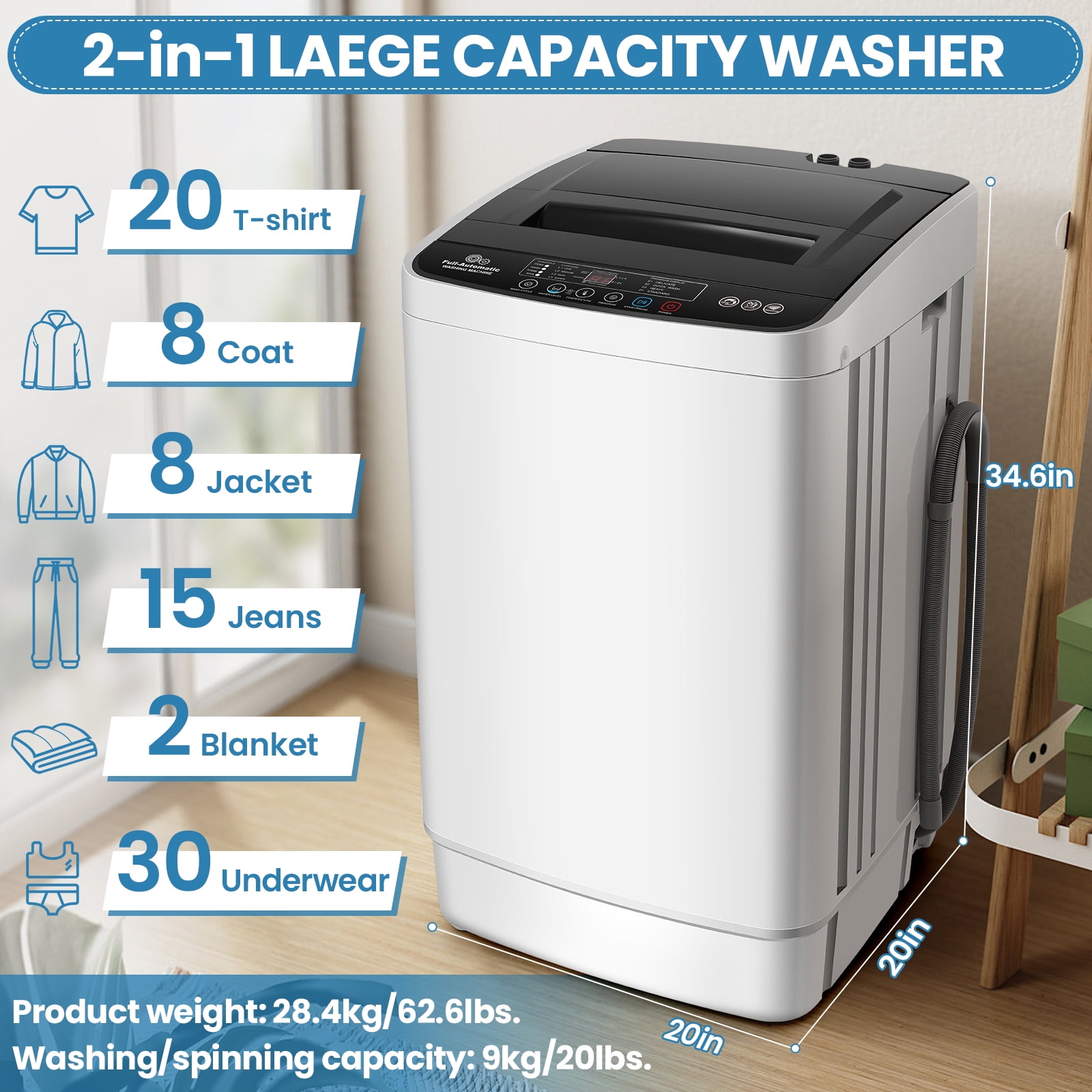Veeboto Portable Washing Machine, 20lbs Full Automatic Washer Machine with Drain Pump, 4 Wash Programs 4 Water Levels 3 Water Temperatures for Home