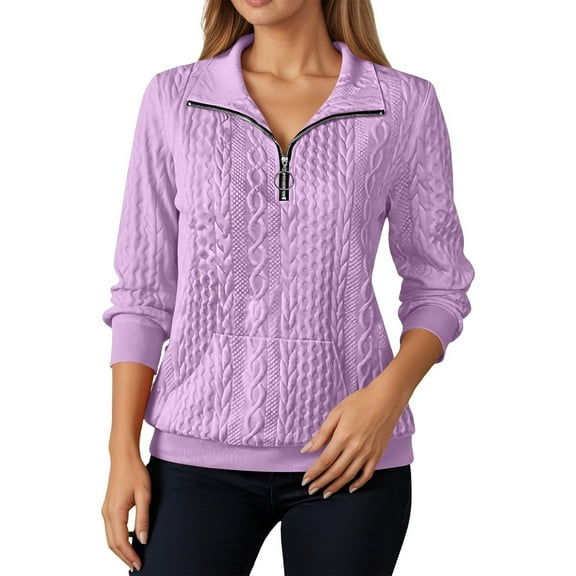 Krdevn Solid Color Casual Stand Collar Half Zip Long Sleeve Sweatshirt No Hood Pullover with Pockets,Pullover Sweatshirts for Women,Size:L