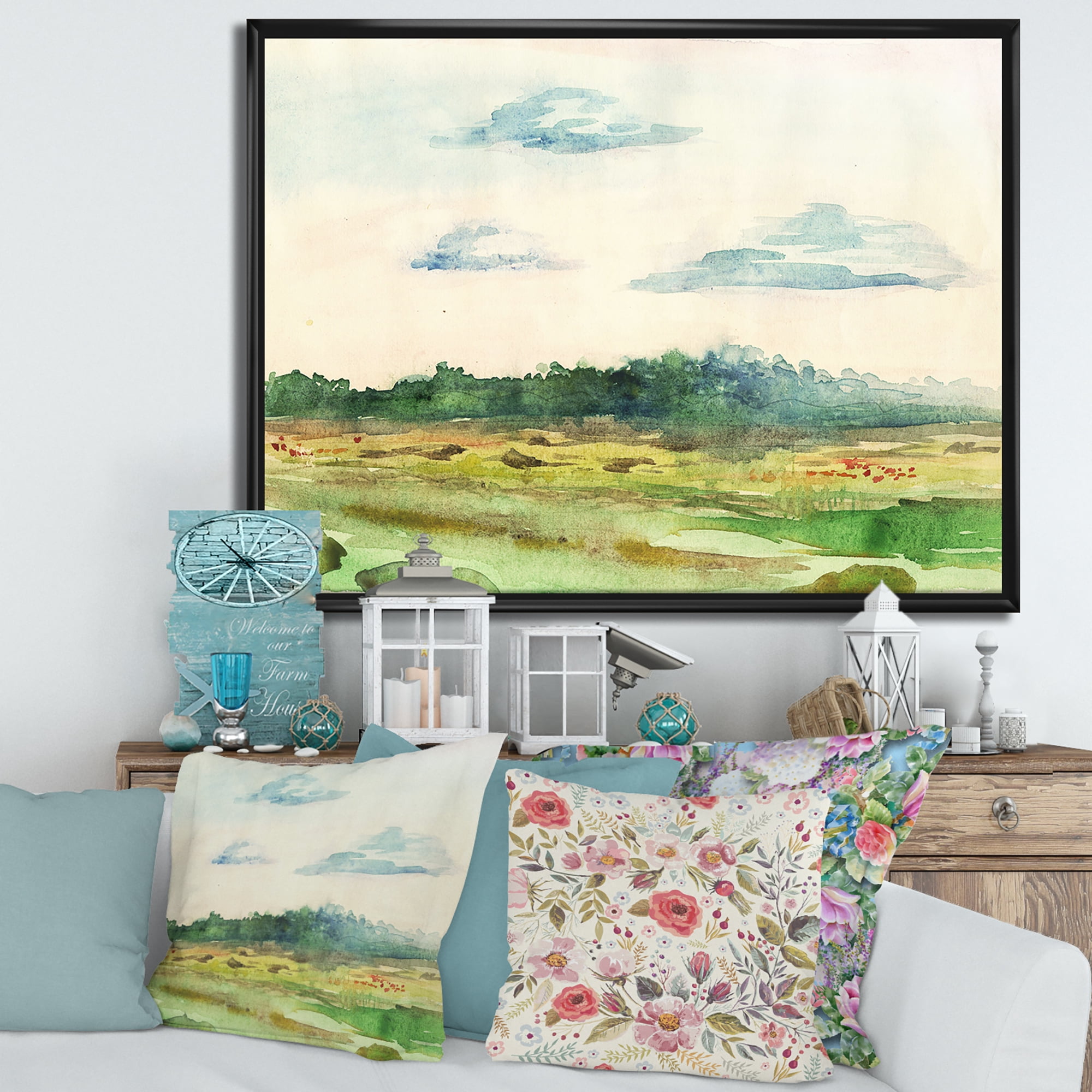 Designart 'Summer Landscape Of Green Blossoming ' Traditional Framed Canvas Wall Art Print
