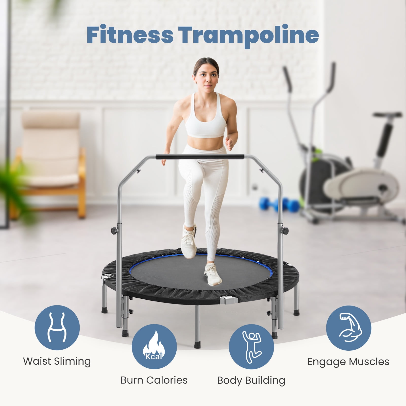 GIANNA 48" Collapsible Mini Trampoline, 330lbs Maximum Load Capacity, with Foam Handles, Exercise Trampoline Suitable for Adult Fitness, Kids, Indoor Outdoor, Blue