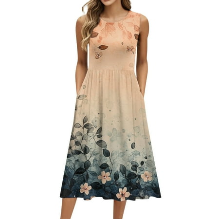 Biziza Long Causal Casual Dresses for Women Beige Vintage Floral Sleeveless 2025 Elegant Dresses Stretch Polyester Round Neck Lightweight Cotton Corset Dress with Pockets