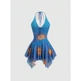 thumbnail image 2 of Blue Vintage Y2K Halter Neck Sleeveless Peplum Mini Dress With Sun Face Print, 2 of 6